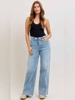 Judy Blue MR Light Wash Retro Wide Leg Jeans Fold Over Waistband Various NEW